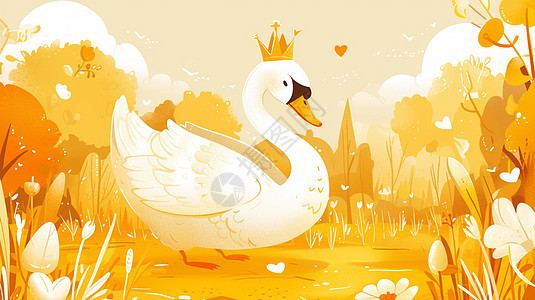 头上戴金色皇冠的长脖子卡通白天鹅在森林中图片