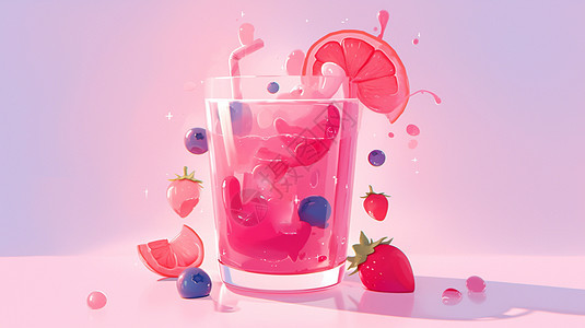夏日饮品粉色美味的卡通水果汁图片