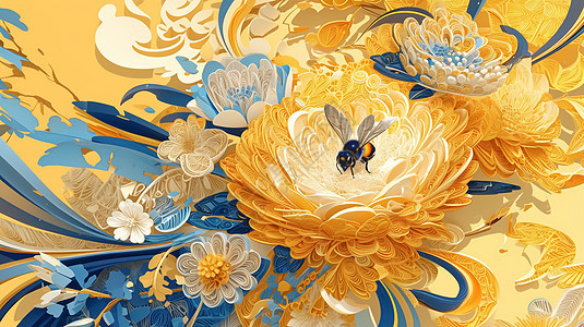 可爱的卡通蜜蜂飞舞在衍纸花丛中图片