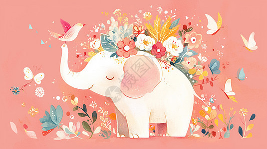 可爱的卡通小白象身上驮着彩色的小花图片