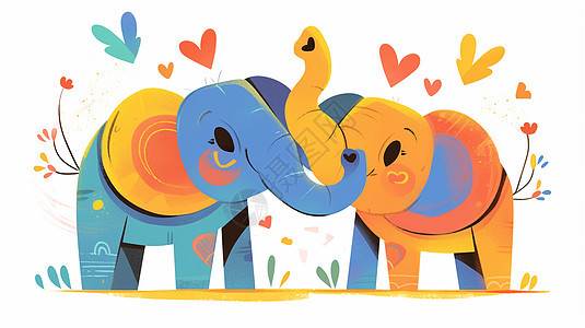 在一起玩耍的甜蜜的卡通大象图片