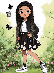 卡通女孩站在草丛中图片