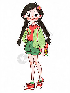 绿色上衣背着红色包的卡通女孩图片
