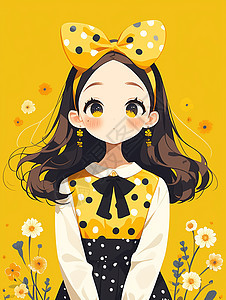 戴着大大的黄色蝴蝶结发卡的大眼睛可爱卡通女孩图片