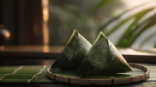 竹子容器上两个美味优雅的粽子图片