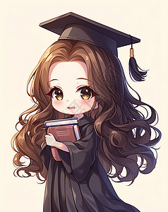 身穿学士服抱着书本的可爱大眼睛卡通女孩图片