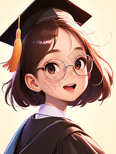 身穿黑色毕业典礼服装戴着眼镜的短发卡通女孩图片