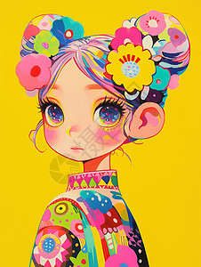 彩色花上衣头上戴着花朵的时尚卡通女孩图片