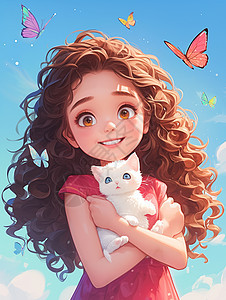 红色连衣裙长卷发可爱的卡通女孩抱着小白猫图片