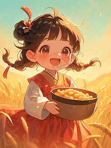 可爱的卡通女孩抱着一碗美食在麦子地中图片