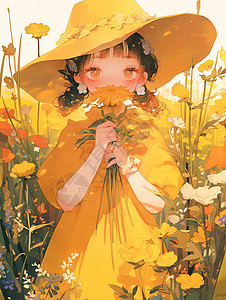 头上戴着黄色遮阳帽身穿黄色连衣裙手拿花朵的卡通小女孩图片
