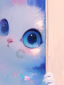 木门后蓝色大眼睛可爱的卡通小猫图片