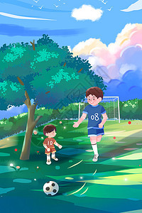 手绘父子夏日院内一起踢球场景插画图片