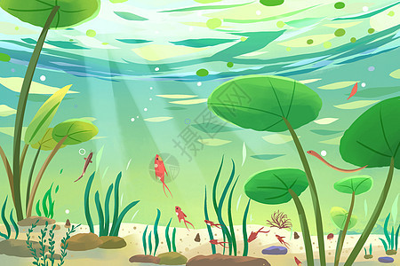 手绘夏日水下植物小鱼场景插画图片