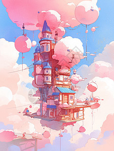 唯美的粉色云朵间一座蓝色屋顶复古风卡通小房子图片