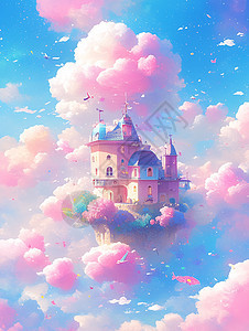梦幻的粉色云朵间一座蓝色屋顶复古风卡通小房子图片