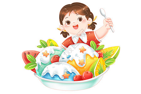 夏季卡通女孩吃冰激凌水果场景图片