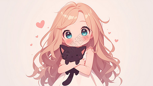 抱着黑色猫宠物的长发卡通女孩图片