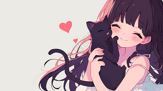 抱黑色猫宠物的长发卡通女孩图片