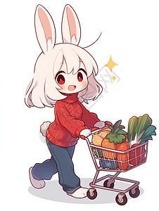 穿红色上衣长耳朵可爱的卡通小白兔推着购物车图片