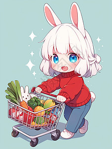 红色上衣长耳朵可爱的卡通小白兔推着购物车图片