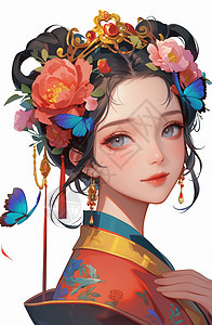 头发上有很多花朵装饰旁边飞舞着美丽蝶蝴蝶古风卡通美女图片