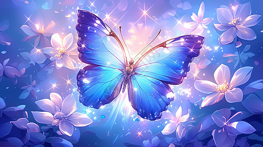 夜晚飞在花丛中梦幻唯美的蓝色卡通蝴蝶图片
