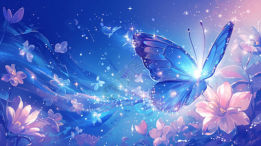飞在花丛中梦幻唯美的蓝色卡通蝴蝶图片