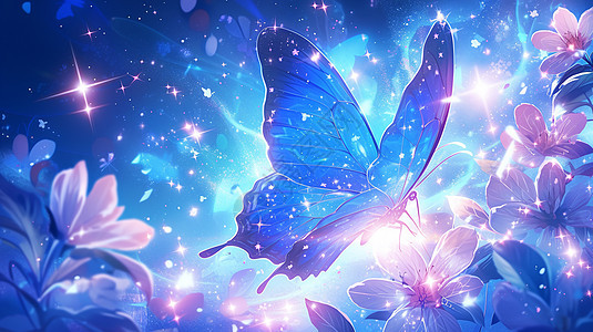 夜晚花丛中梦幻唯美的蓝色卡通蝴蝶图片