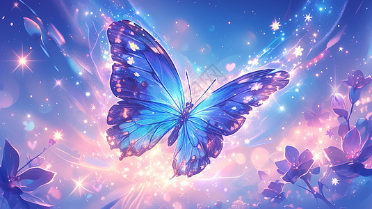 花丛中梦幻唯美的蓝色卡通蝴蝶图片