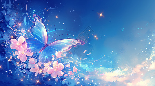挥动着翅膀发光的卡通蝴蝶飞舞在夜晚的花朵间图片