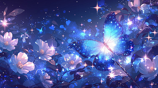 翅膀发光的卡通蝴蝶飞舞在夜晚的花朵间图片