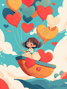 坐在小船上拿着五颜六色气球的可爱卡通女孩图片