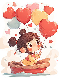 在小船上拿着五颜六色气球的可爱卡通女孩图片