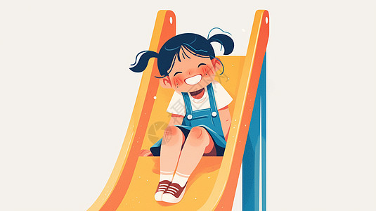 坐在滑梯旁开心笑的可爱卡通小女孩图片