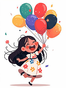 穿花裙子可爱的卡通小女孩手拿彩色气球开心奔跑图片
