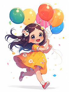 穿着花裙子可爱的卡通女孩手拿彩色气球开心奔跑图片