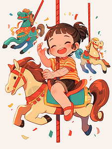 游乐场开心骑木马的可爱卡通小女孩图片
