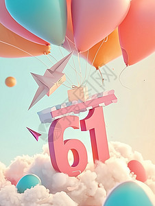 梦幻美丽的卡通云朵上有很多礼物盒彩色气球下飞着大大的数字61图片