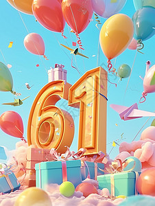 梦幻的卡通云朵上有很多礼物盒彩色气球下飞着大大的数字61图片