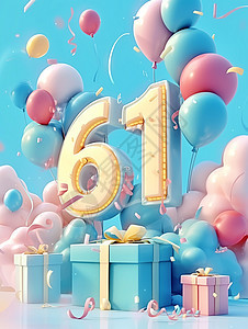 梦幻美丽的卡通云朵上有很多礼物盒彩色气球下飞着数字61图片