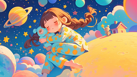 抱着玩具坐在月亮上安静睡觉的卡通女孩图片