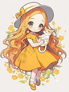 金色头发可爱的卡通小女孩抱着宠物猫图片