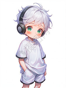绿色大眼睛帅气的卡通小男孩戴着耳麦在听音乐图片