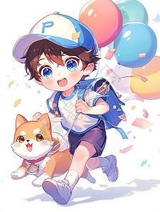 戴着棒球帽手拿彩色气球的卡通小男孩与宠物猫一起走路图片