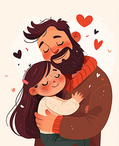 满脸胡子的爸爸与孩子拥抱父亲节插画图片