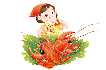 夏季美食人物插画卡通女孩吃小龙虾图片