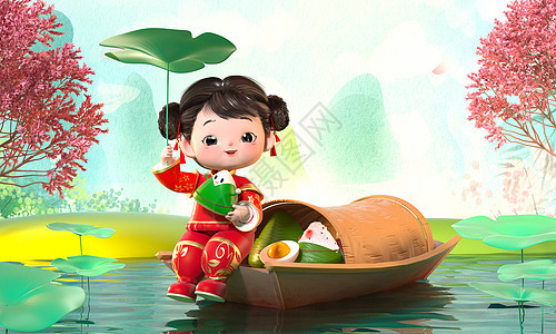 c4d立体卡通中国风小女孩端午节坐在船舷上手拿荷叶场景3d插画图片