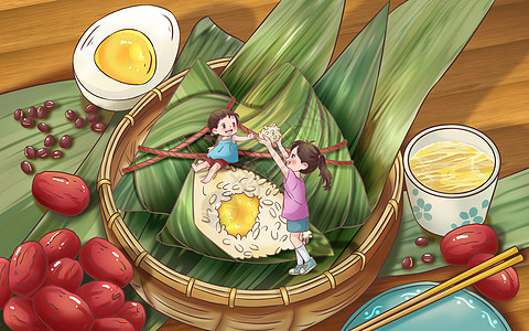 传统节日端午节粽子大枣小红豆人物女孩手绘插画图片