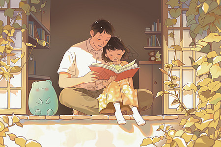 父亲节父女窗台植物爬山虎温馨读书女孩父亲手绘插画图片